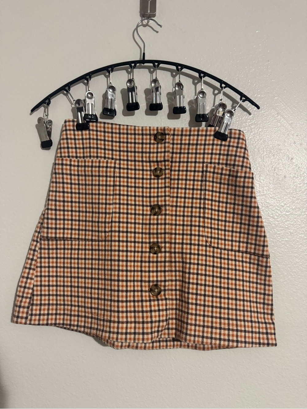 Retro Copper Key Orange and Cream Plaid Button-Front Mini Skirt